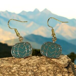 Gold and Blue Pumpkin Enamel Dangle Earrings